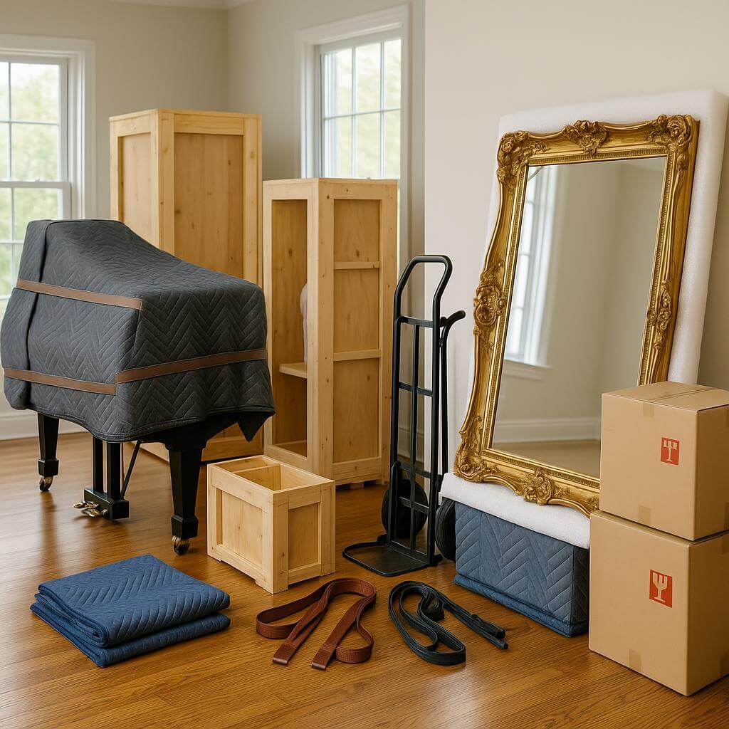 A group of oversized and fragile items like a piano, antique mirror, and custom crates prepared for safe moving in a residential home, with moving equipment visible and no people present.