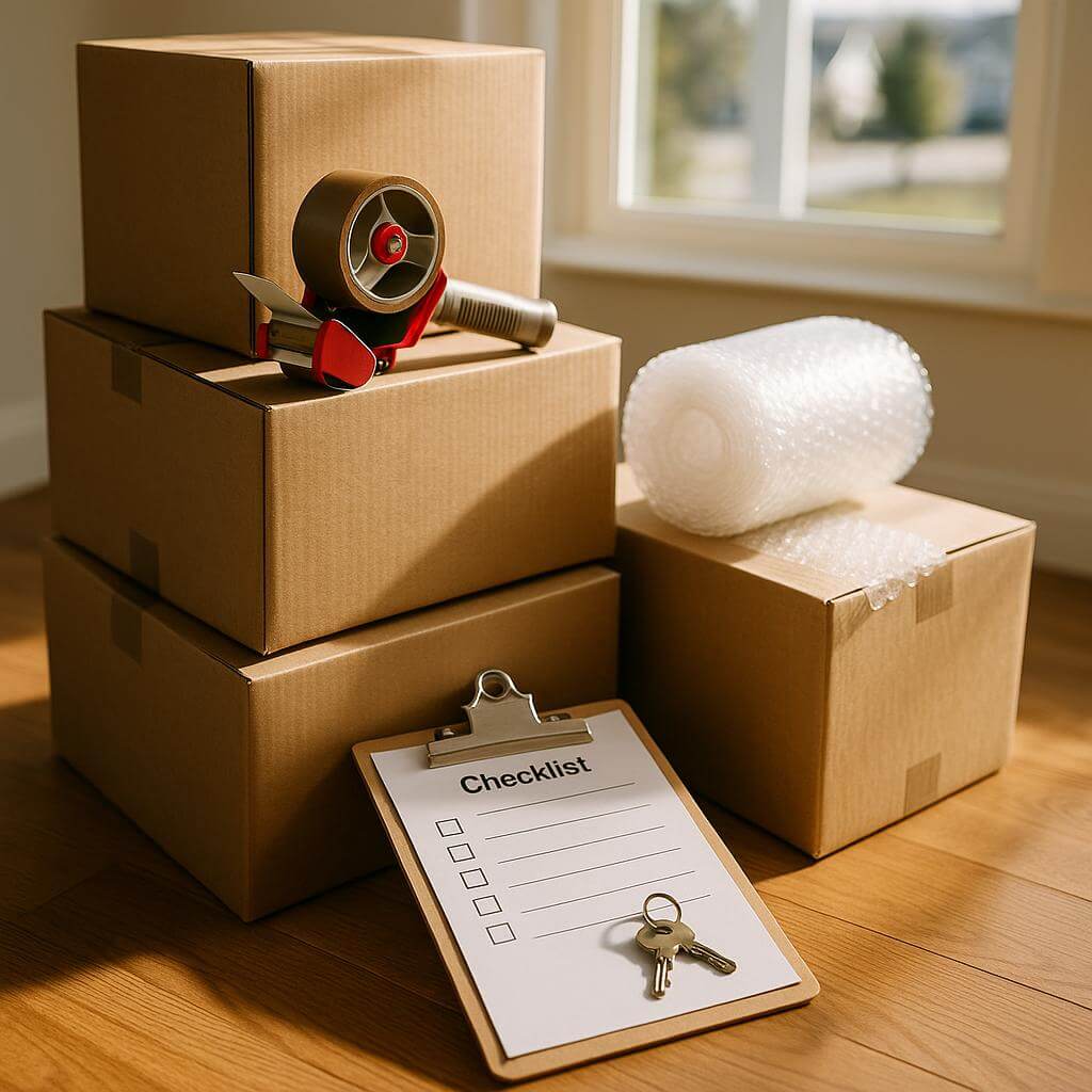 Moving boxes, packing supplies, and a checklist on the floor, representing the process of hiring movers for a home move in Thornton, Colorado.