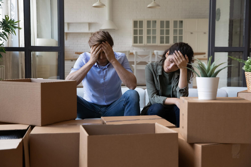 Stressed couple surrounded by moving boxes in a Denver home.
